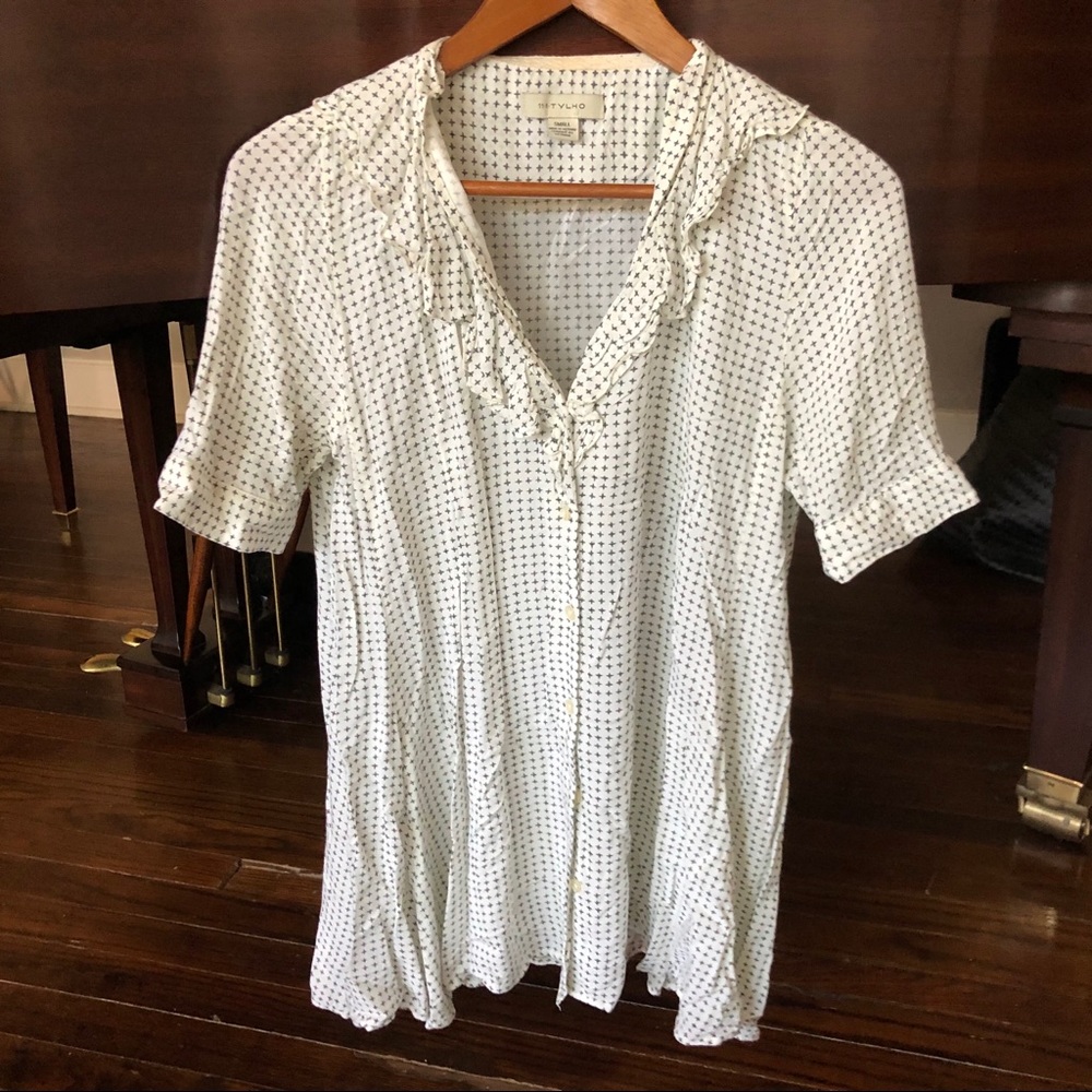 Anthropologie grey and white button down blouse